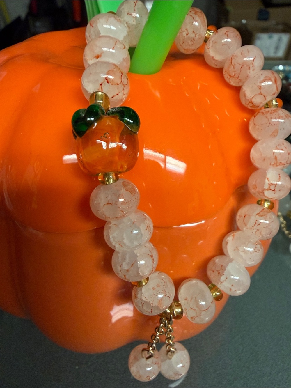 Beaded Charm Bracelet with Orange Glass Pumpkin